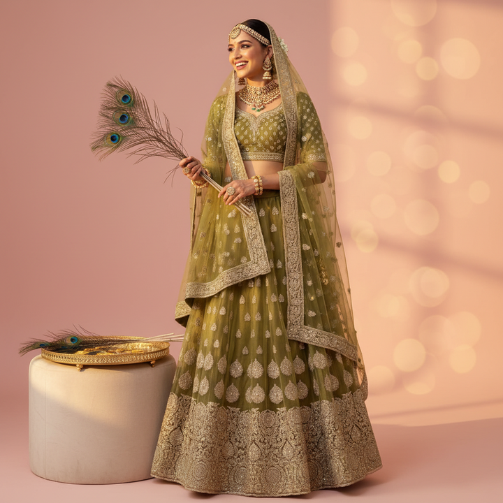 KUberan Olive Green Buti Embroidered Bridal Lehenga unstitched