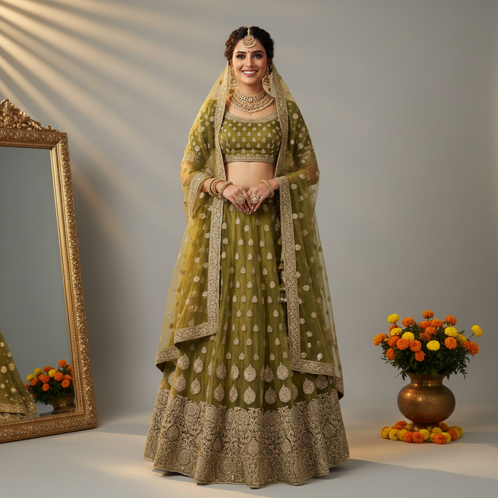 KUberan Olive Green Buti Embroidered Bridal Lehenga unstitched