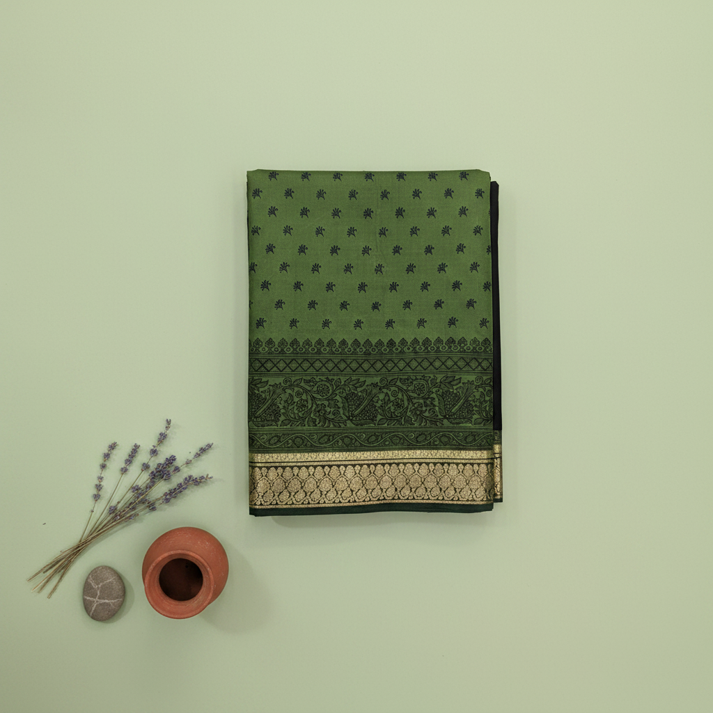 KUBERAN GREEN PURE SILK PRINTED SAREE