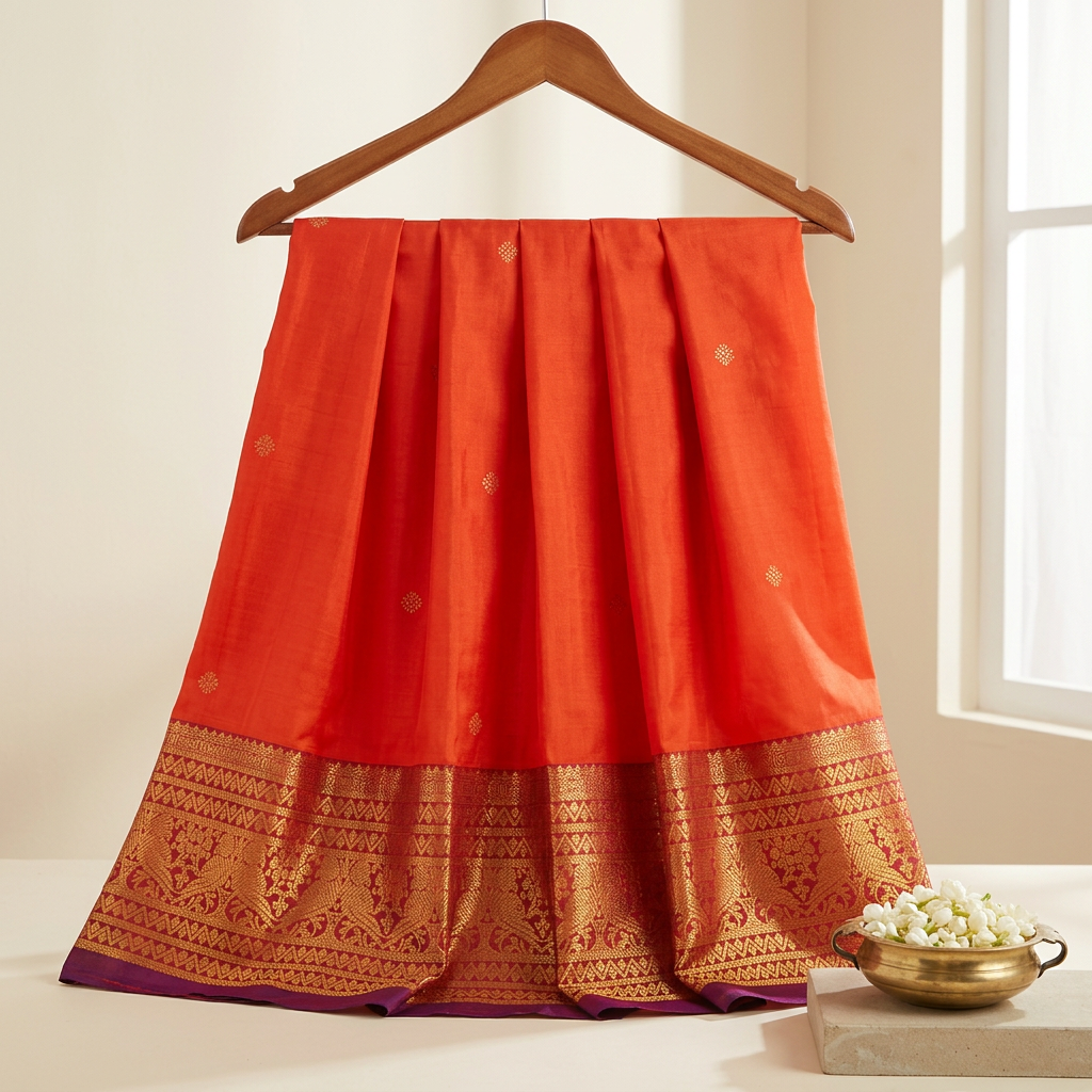 Kuberan Orange Pure Silk Dupatta with Gold Zari Border