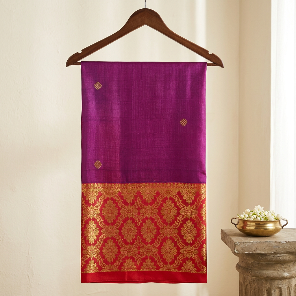 Kuberan Purple Pure Silk Dupatta with Red Gold Zari Border