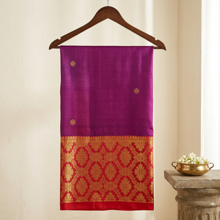 Kuberan Purple Pure Silk Dupatta with Red Gold Zari Border