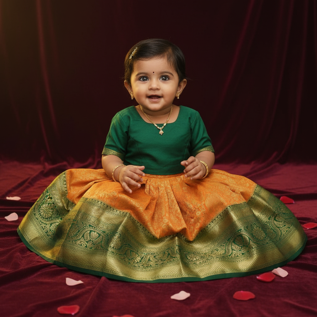 Kuberan Orange & Dark Green Art Silk Pavada