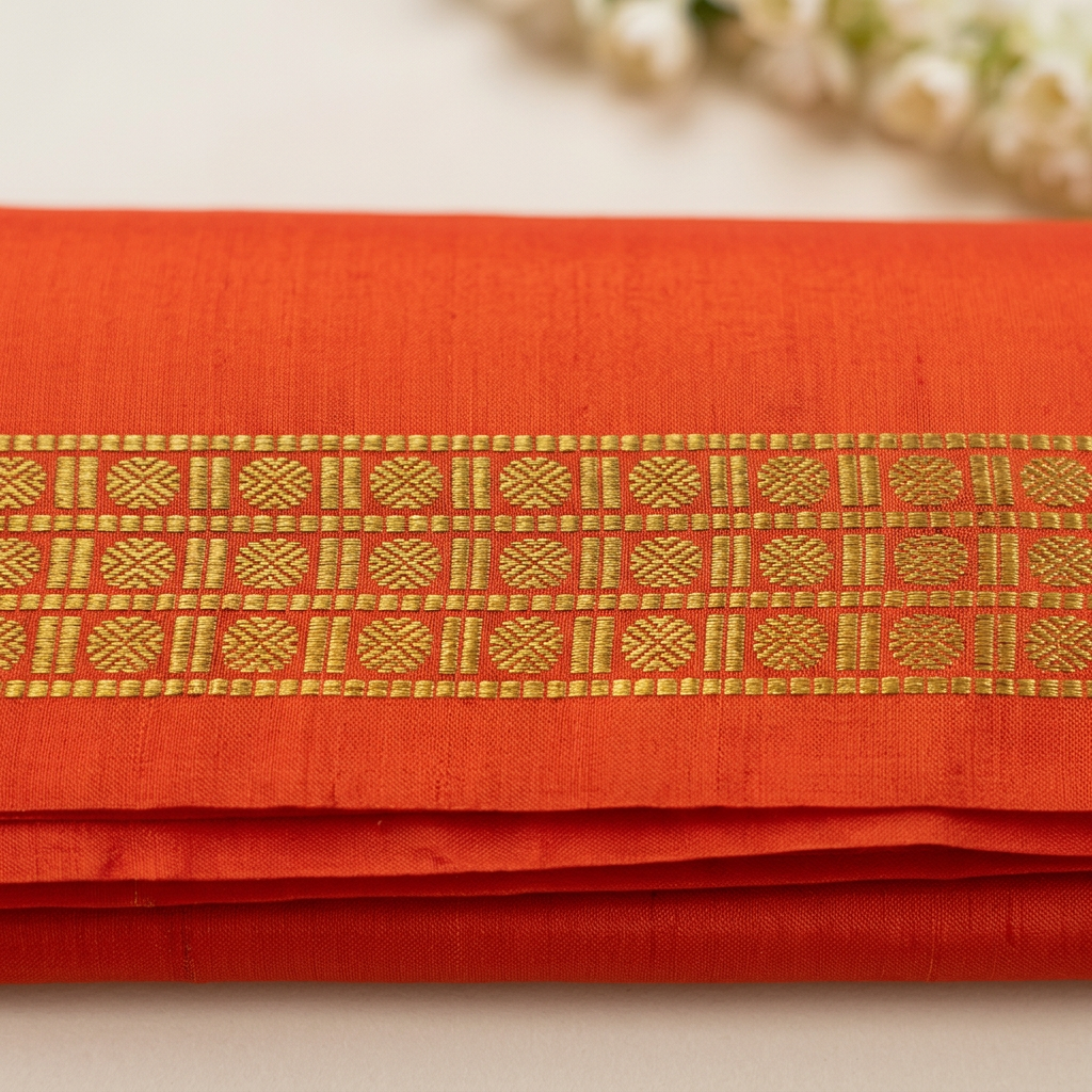 Kuberan Orange Pure Silk Dhothi with Gold-Tone Border
