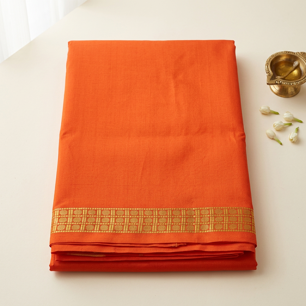 Kuberan Orange Pure Silk Dhothi with Gold-Tone Border