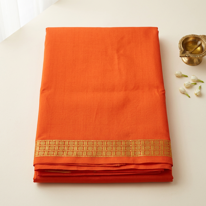 Kuberan Orange Pure Silk Dhothi with Gold-Tone Border