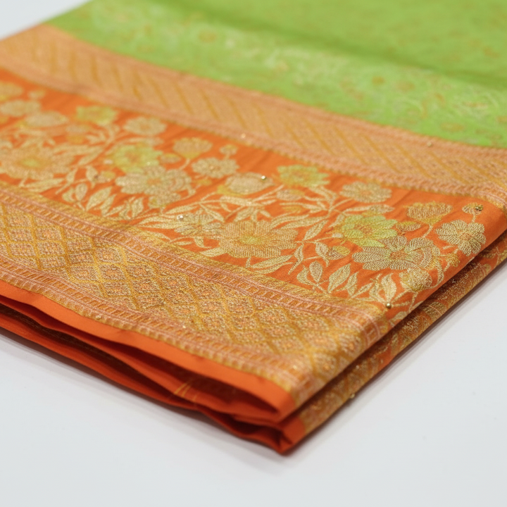 Pavada Rop Lime Green Pavada with Orange Border - Modern Silk Pavada | Kuberan Silks