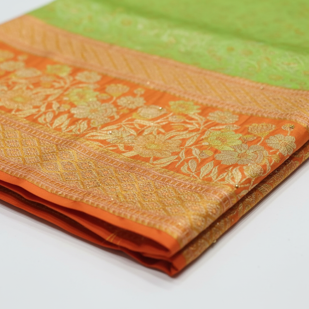 Kuberan Pure Silk Lime Green Pavada with Orange Border