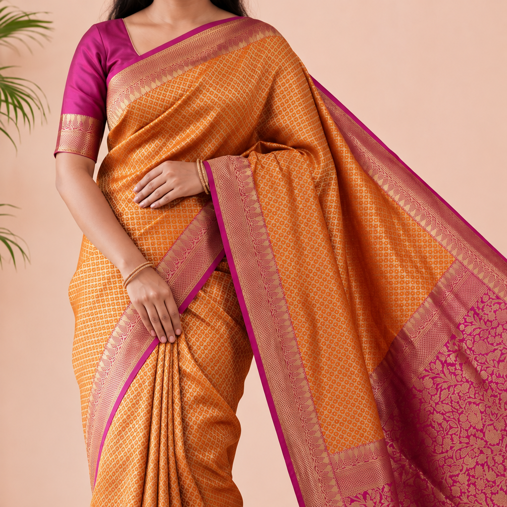 KUBERAN YELLOW WITH PINK SEMI BANARASI SILK SAREE