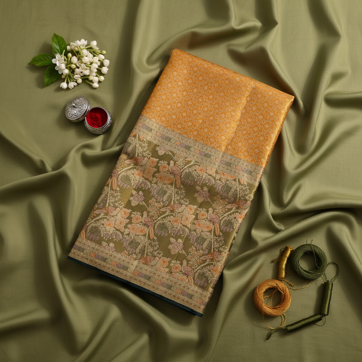 Kuberan Orange Kanchipuram Silk Saree with Olive Green Floral and Peacock Border