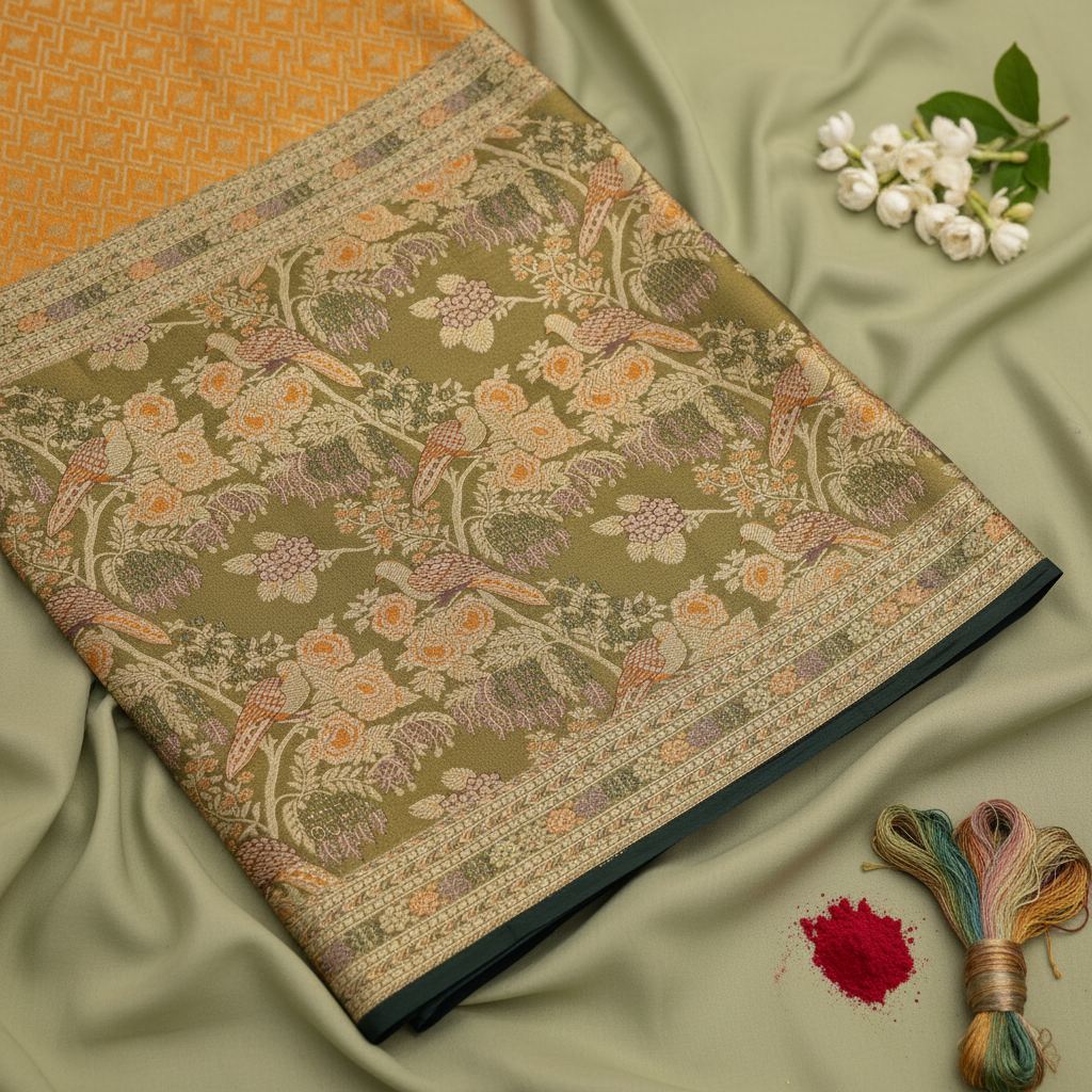 Kuberan Orange Kanchipuram Silk Saree with Olive Green Floral and Peacock Border