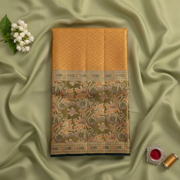 Kuberan Orange Kanchipuram Silk Saree with Olive Green Floral and Peacock Border