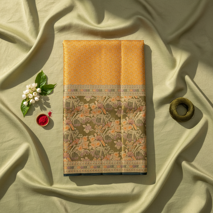 Kuberan Orange Kanchipuram Silk Saree with Olive Green Floral and Peacock Border