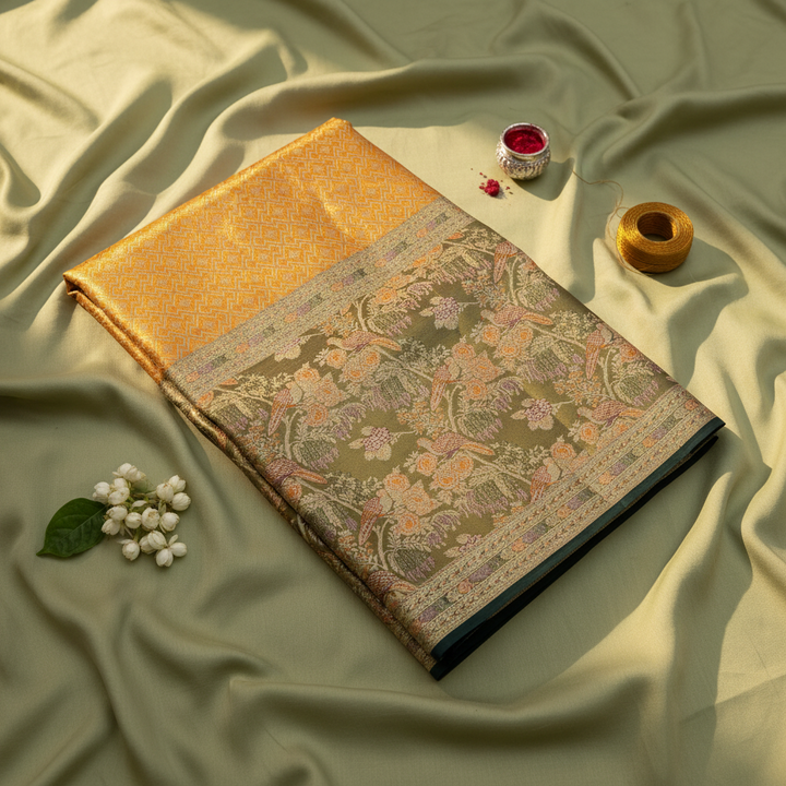 Kuberan Orange Kanchipuram Silk Saree with Olive Green Floral and Peacock Border