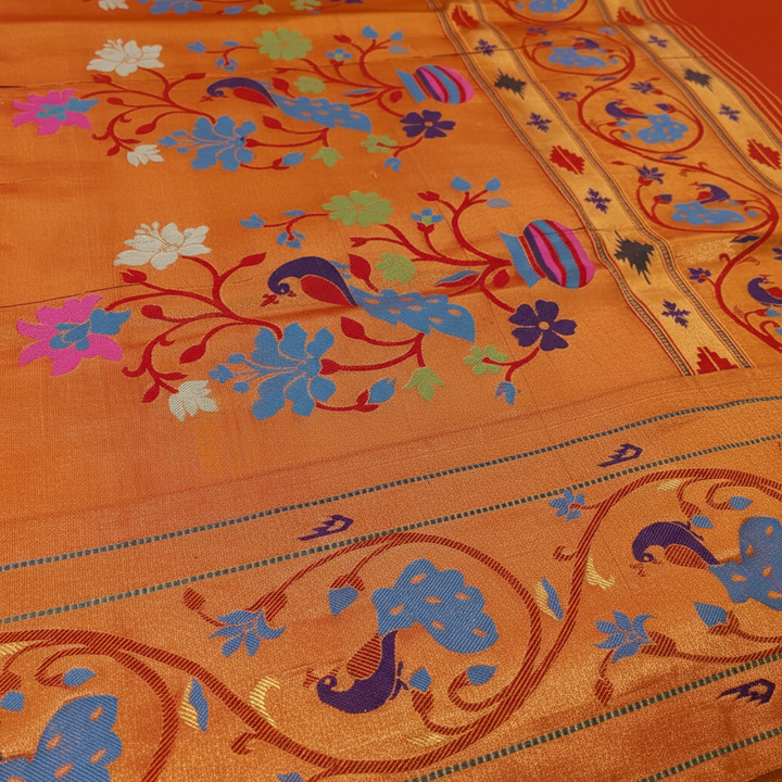 kuberan Turquoise blue Paithani Silk Saree with Orange Peacock Pallu