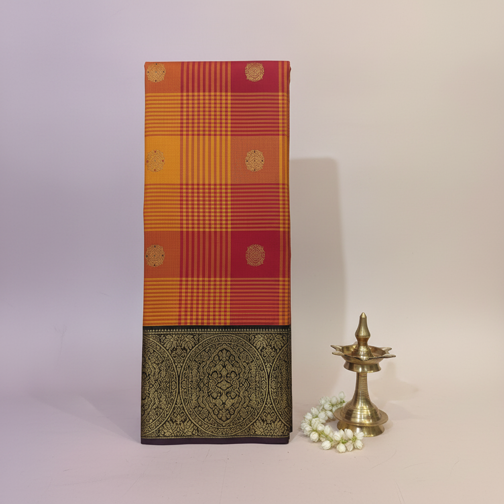 KUBERAN ORANGE RED CHECKS WITH PURPLE PURE KANCHIPURAM SILK SAREE