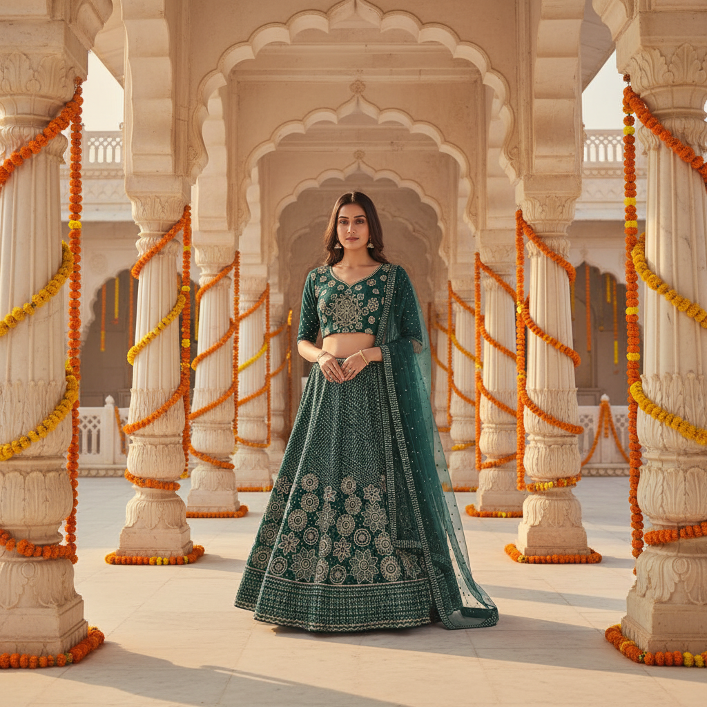 Kuberan Dark Green Embroidered Lehenga Choli Semi Stitched