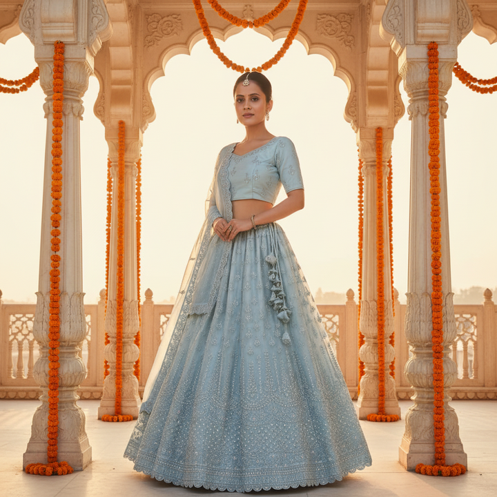Kuberan Powder Blue Embroidered Net Lehenga Semi Stitched