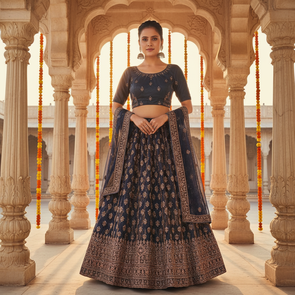 Kuberan Navy Blue & Copper Embroidered Lehenga semi stitched