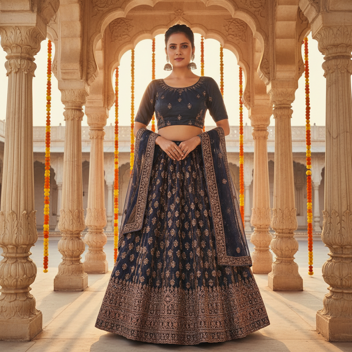 Kuberan Navy Blue & Copper Embroidered Lehenga semi stitched