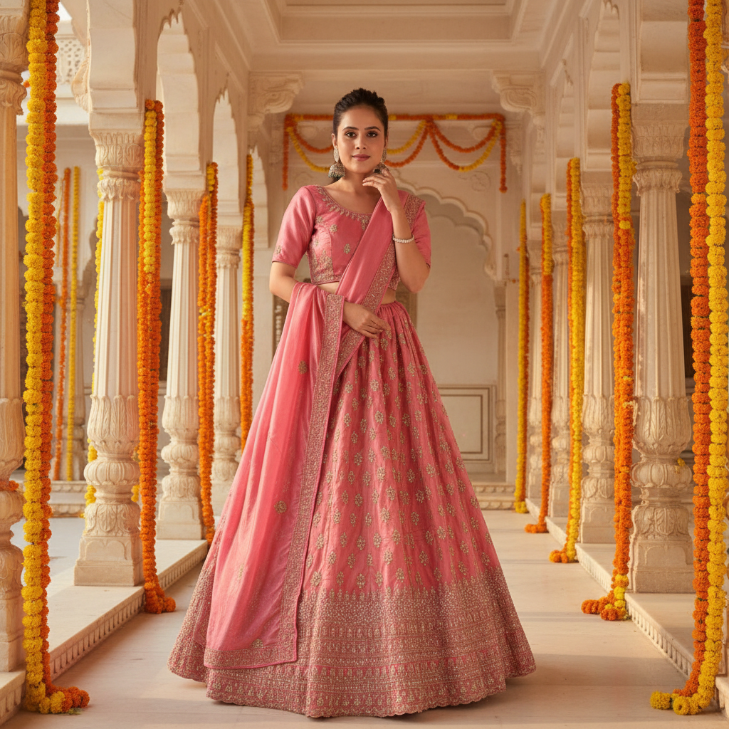 Kuberan Rose Pink Lehenga semi stitched