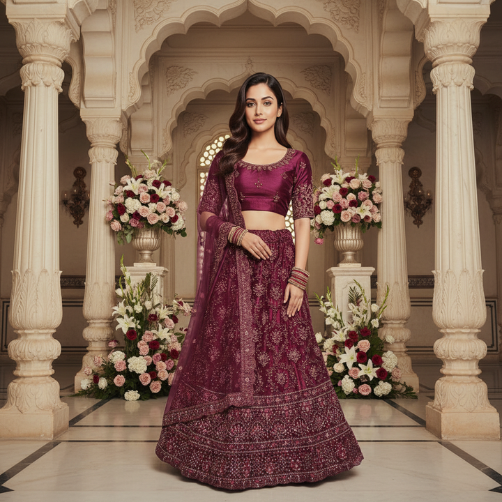 Kuberan Wine Burgundy Semi Bridal Semi Stitched Lehenga.