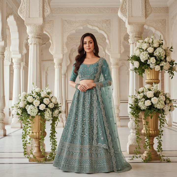 Kuberan Teal Blue Semi Bridal Semi Stitched Lehenga .