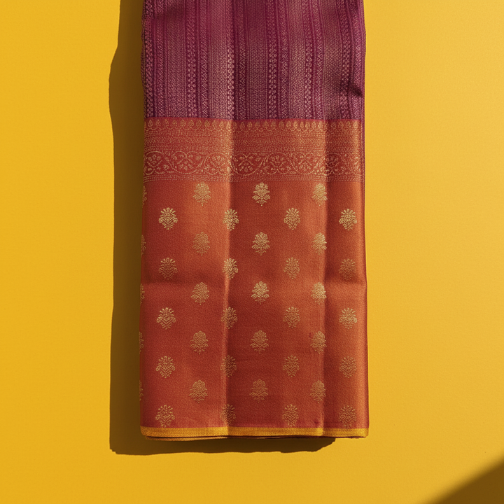 kuberan  Deep Wine Purple with Dense Zari Stripe Body & Rust Orange Floral Butta Kanchipuram Silk Saree