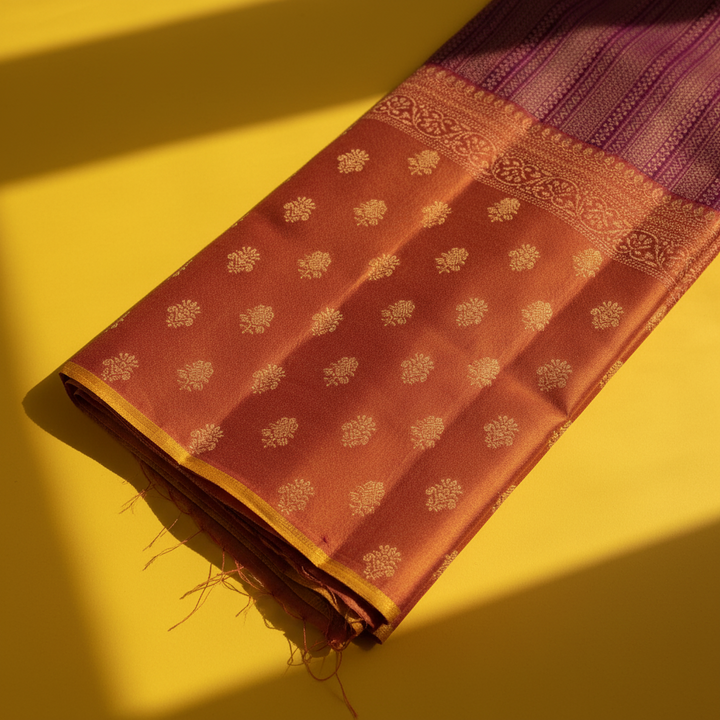 kuberan  Deep Wine Purple with Dense Zari Stripe Body & Rust Orange Floral Butta Kanchipuram Silk Saree