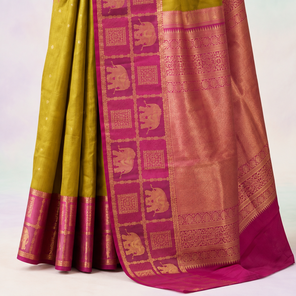 KUBERAN GREEN WITH PINK PURE SILK SAREE