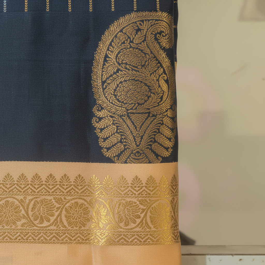 KUBERAN NAVY BLUE CHECKS WITH GOLDEN PEACH PURE SILK SAREE