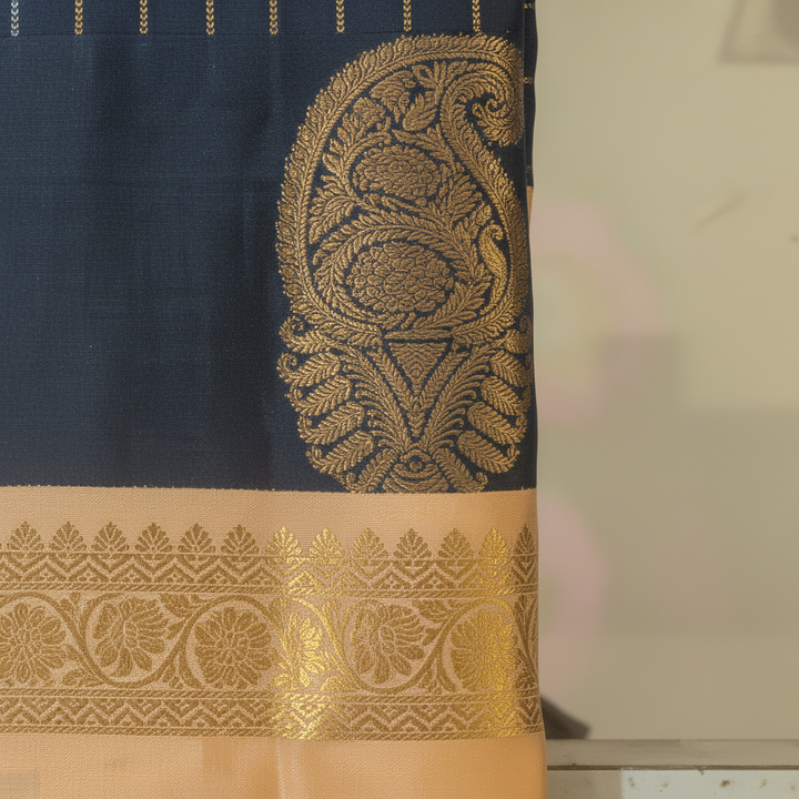 KUBERAN NAVY BLUE CHECKS WITH GOLDEN PEACH PURE SILK SAREE