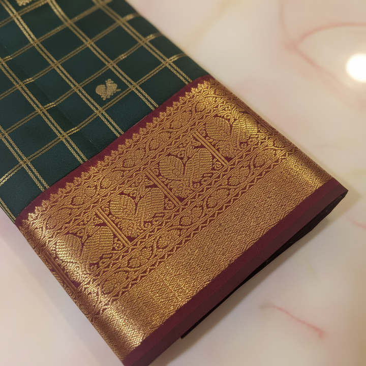 KUBERAN DARK GREEN CHECKS WITH MAROON PURE SILK SAREE