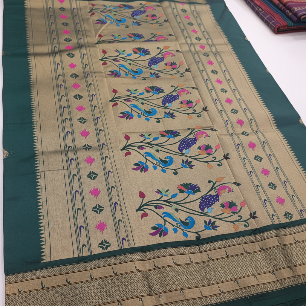 kuberan bottle Green Paithani Silk Saree with Peacock Pallu