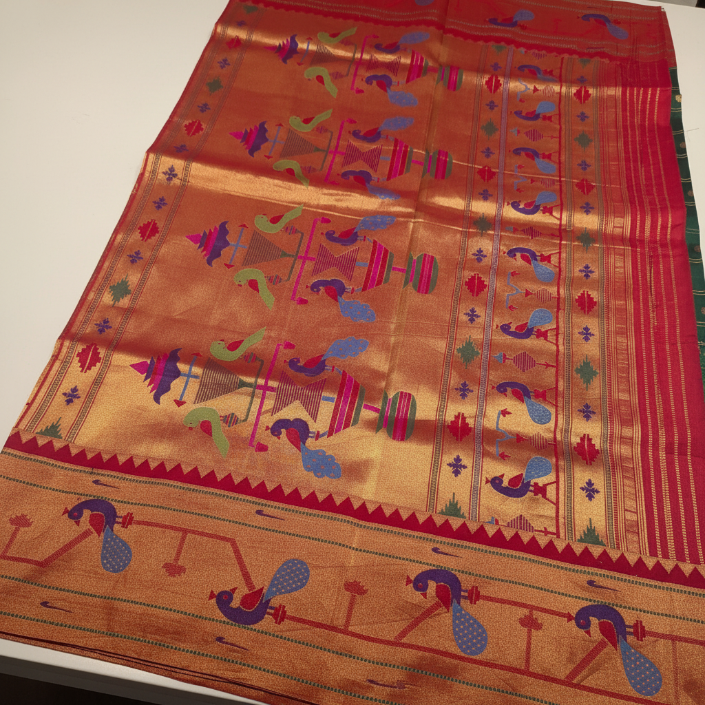 kuberan green Paithani Silk Saree with Peacock Motifs border