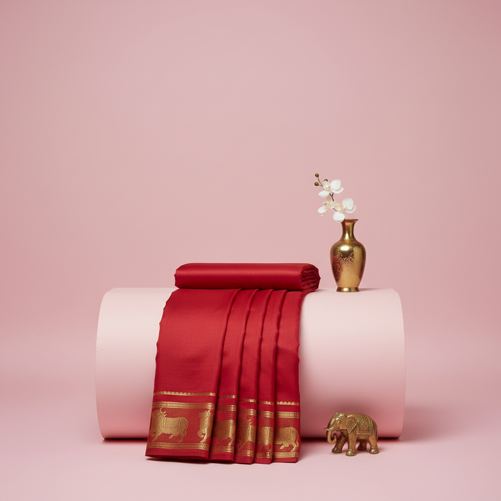 KUBERAN RED NANDI BORDER PURE CREPE SAREE