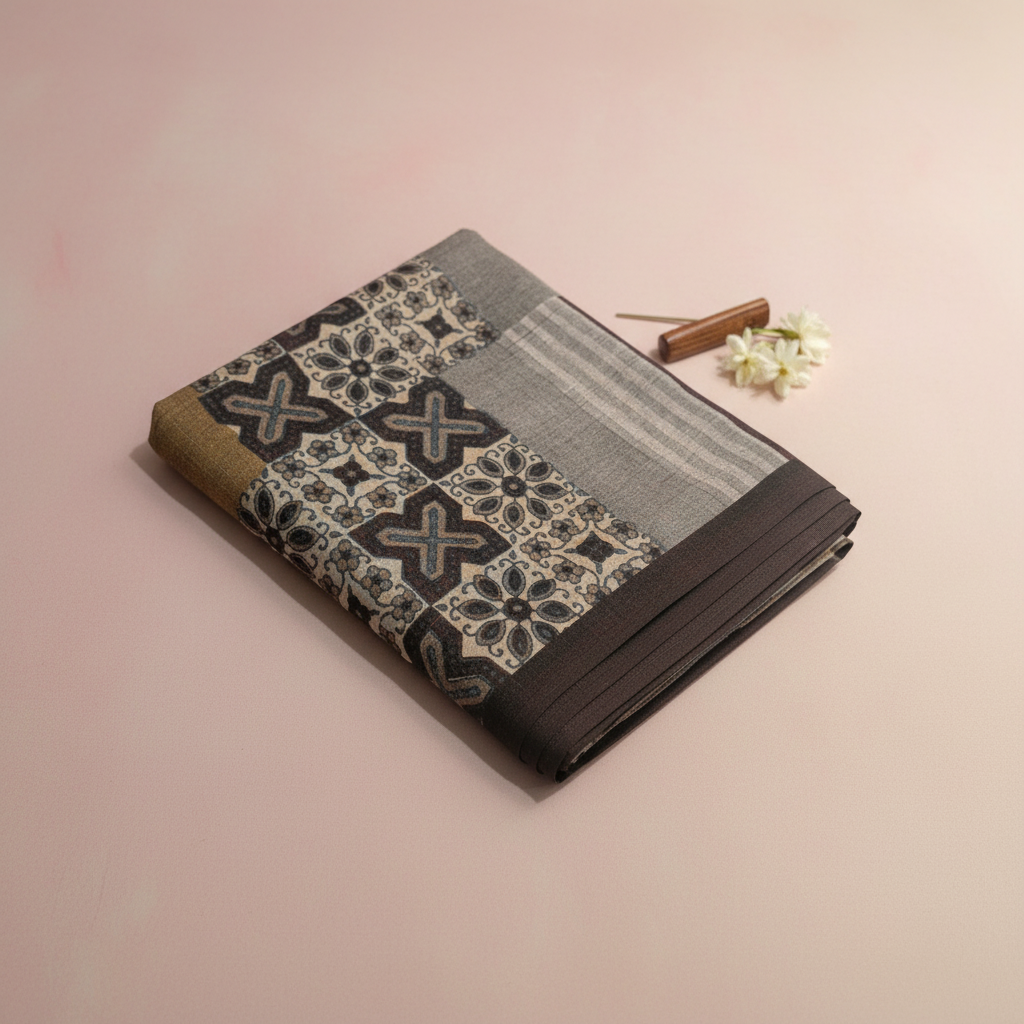 KUBERAN BROWN PRINTED COTTON SAREE