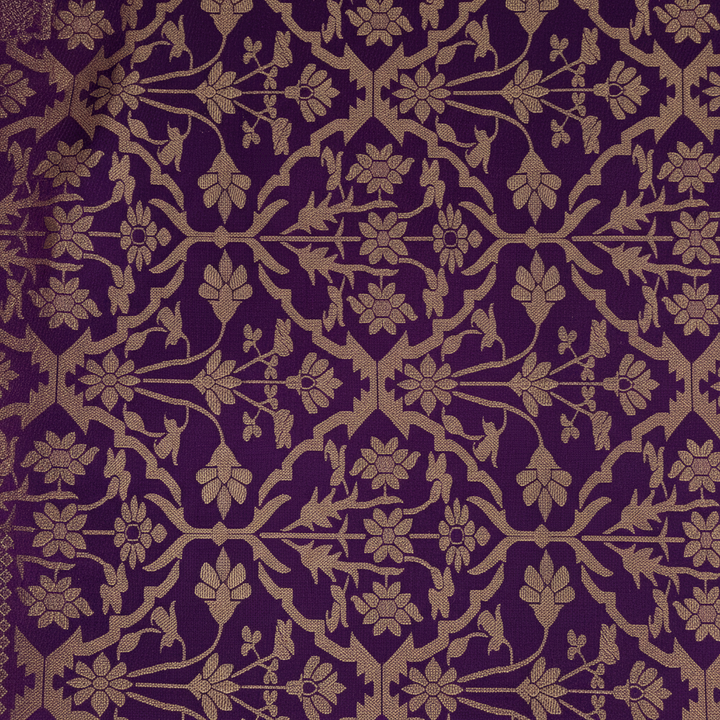 Kuberan  Royal Purple with All-Over Gold Zari Jaal Floral Vine Weave  Kanchipuram Silk Saree