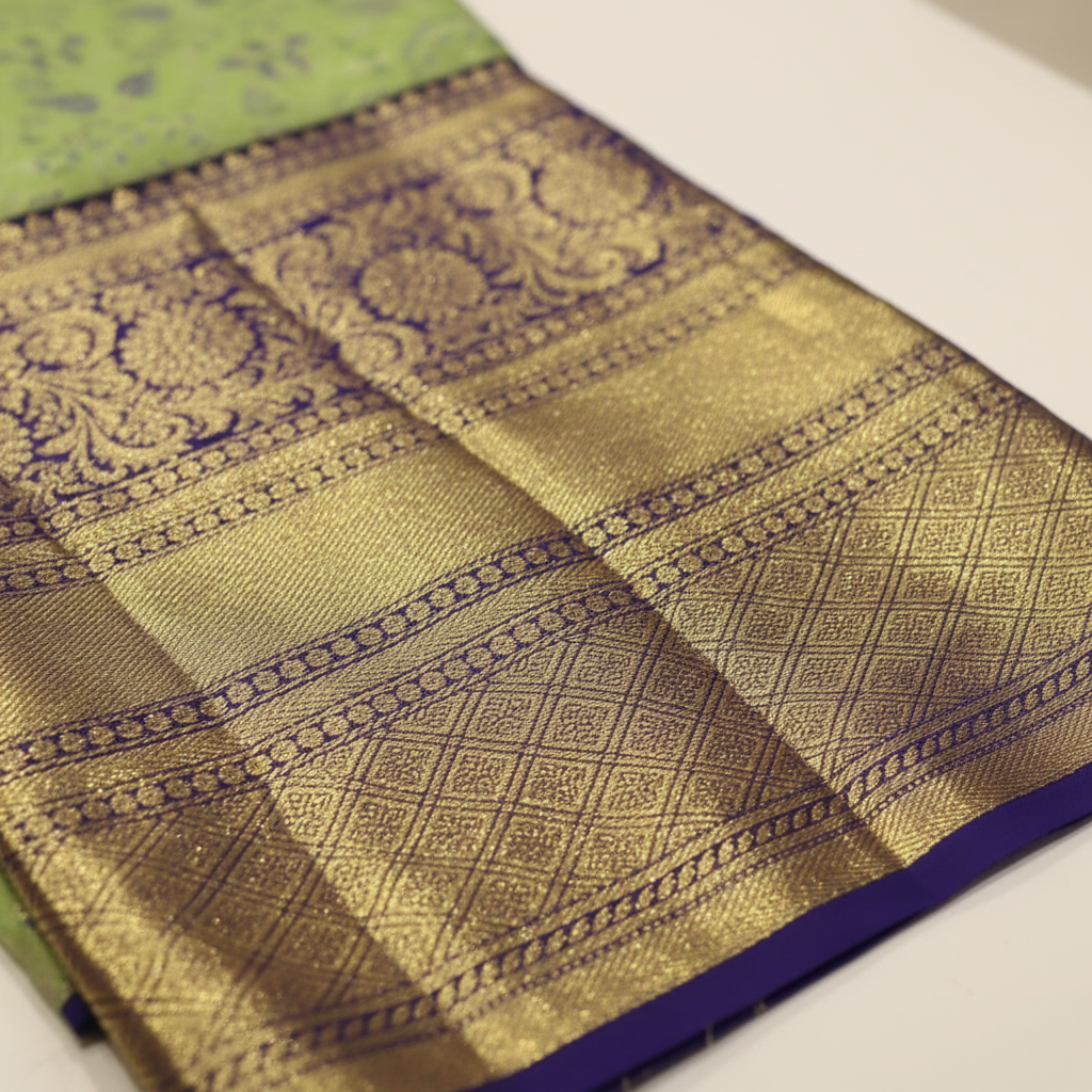 Kuberan Light Green With Blue Border Pure silk Pavada