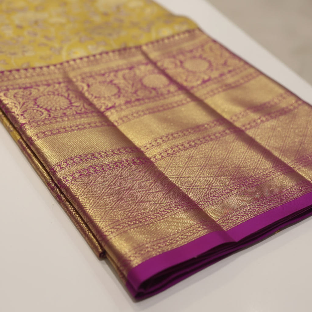Kuberan Yellow with Pink Purple Gold Border Pavada