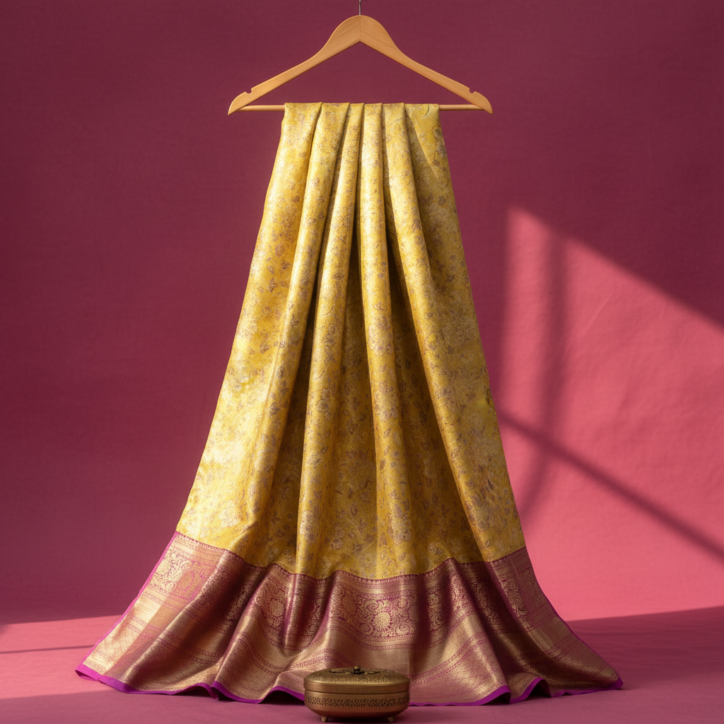 Kuberan Yellow with Pink Purple Gold Border Pavada