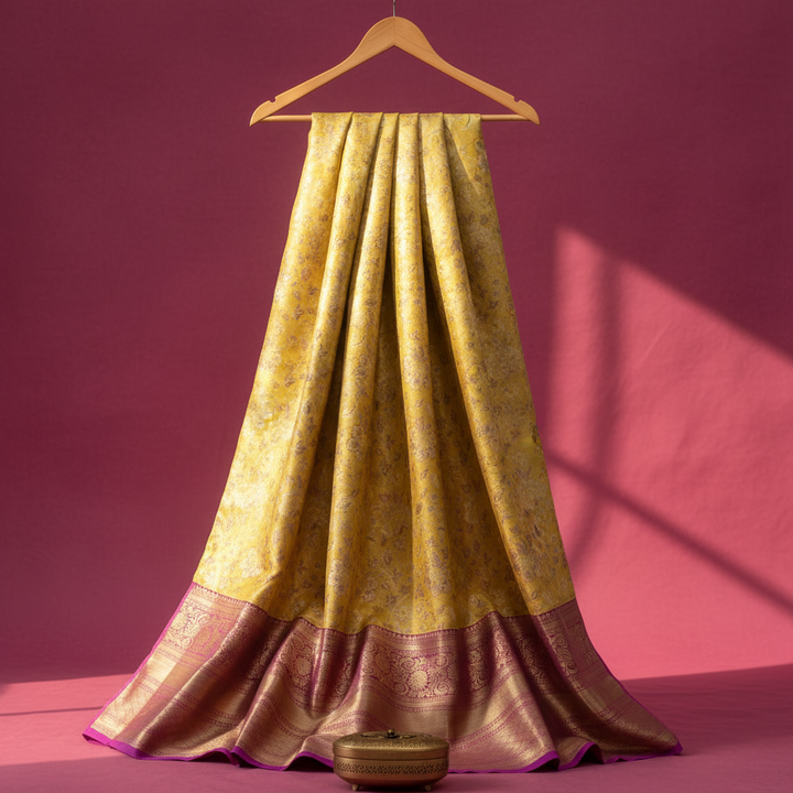 Kuberan Yellow with Pink Purple Gold Border Pavada