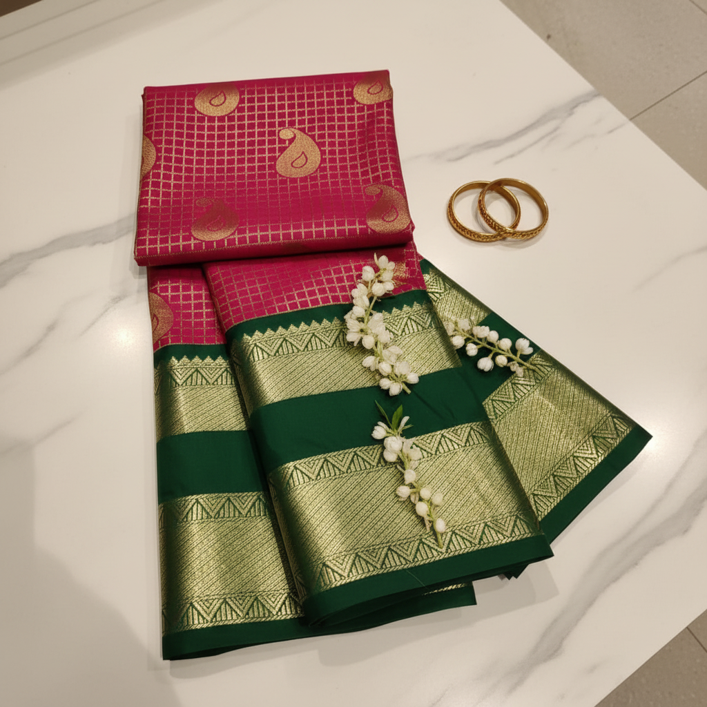 Art Silk Pavada in Hot Pink with Bottle Green Gold Zari Border and Paisley Buttas