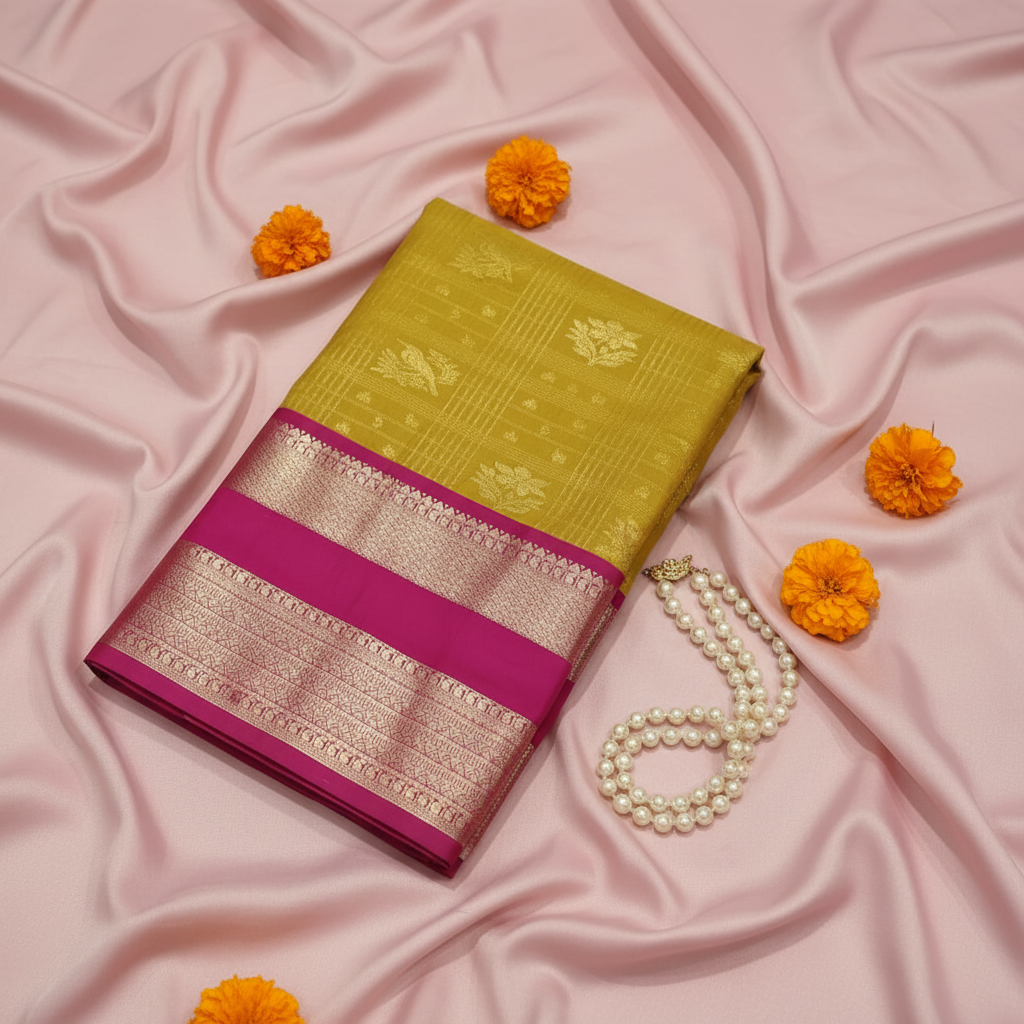 Kuberan Art Silk Pavada - Mehndi Green & Pink