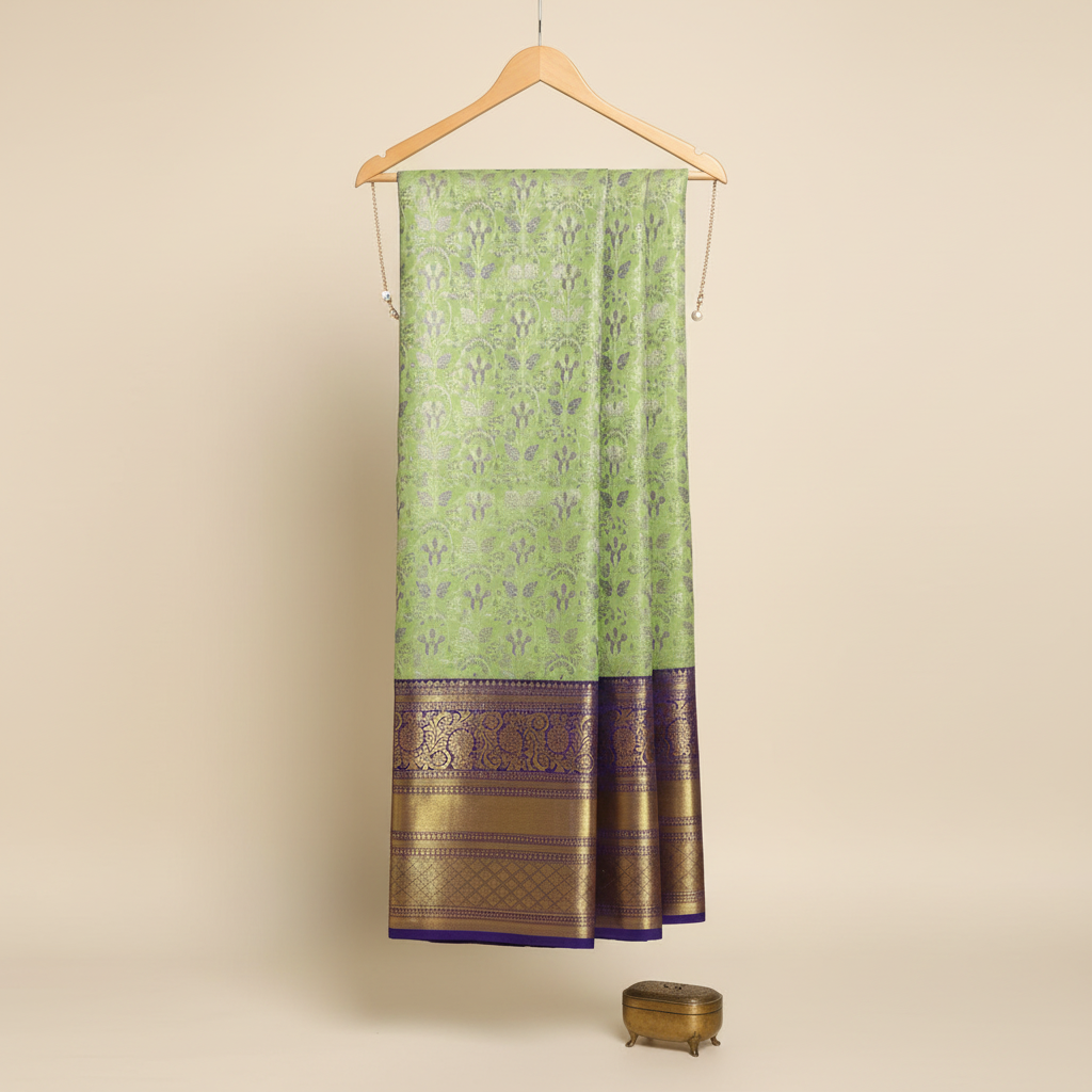 Kuberan Light Green With Blue Border Pure silk Pavada