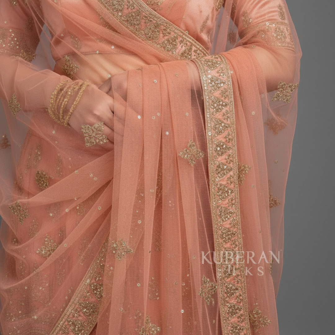 KUBERAN PEACH UNSTITCHED VELVET LEHENGA