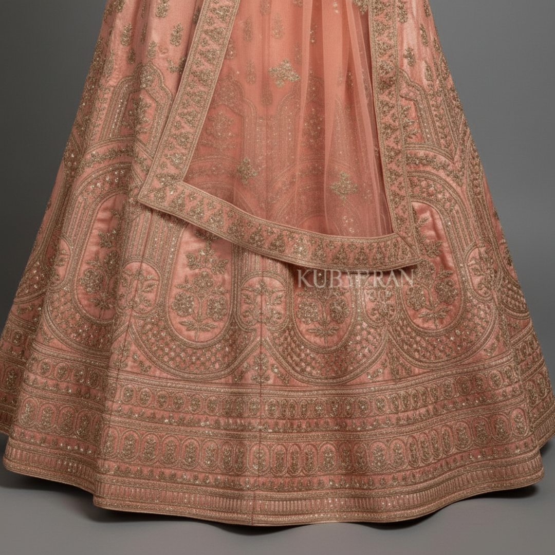 KUBERAN PEACH UNSTITCHED VELVET LEHENGA