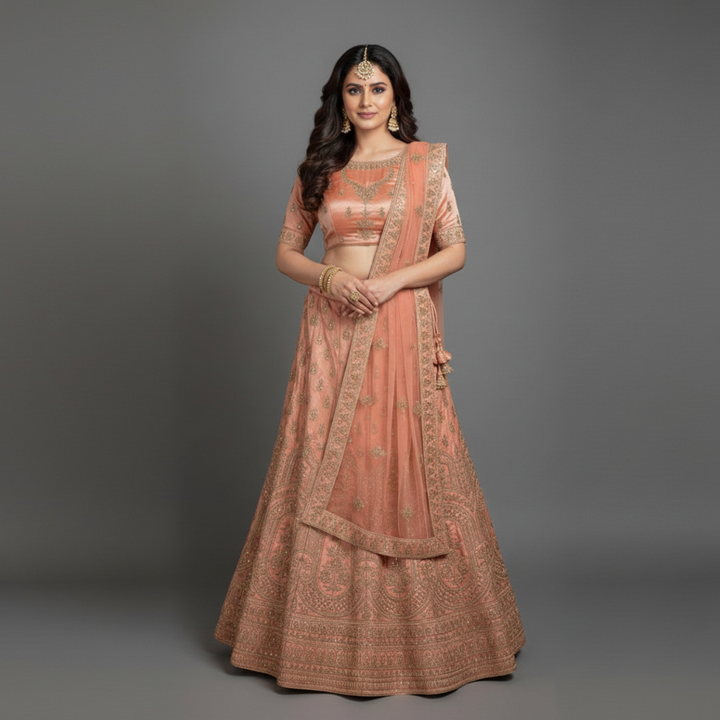 KUBERAN PEACH UNSTITCHED VELVET LEHENGA