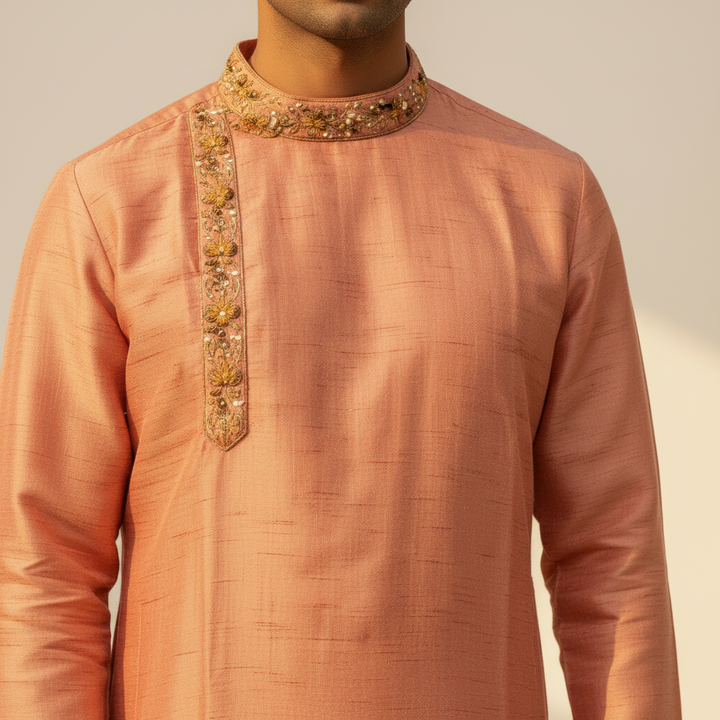 Kuberan Peach Silk Embroidered Kurta Pyjama Set