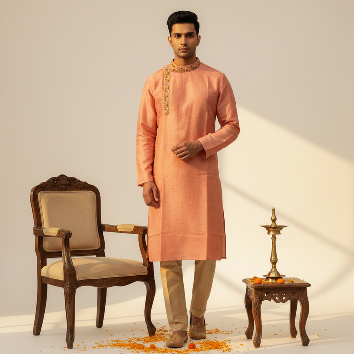 Kuberan Peach Silk Embroidered Kurta Pyjama Set
